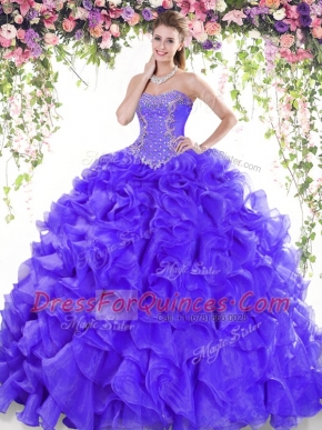 Ideal Sweetheart Sleeveless Quince Ball Gowns Sweep Train Beading and Ruffles Purple Organza
