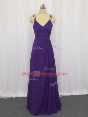 Purple Chiffon Zipper Dress for Prom Sleeveless Floor Length Ruching