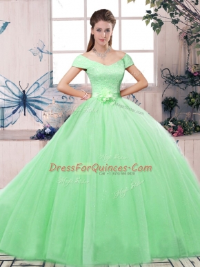 Short Sleeves Floor Length Lace and Hand Made Flower Lace Up Ball Gown Prom Dress with Apple Green