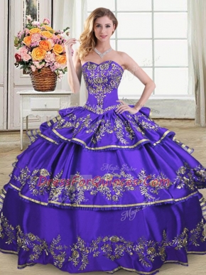 Floor Length Lace Up Quinceanera Dresses Purple for Sweet 16 and Quinceanera with Embroidery and Ruffled Layers