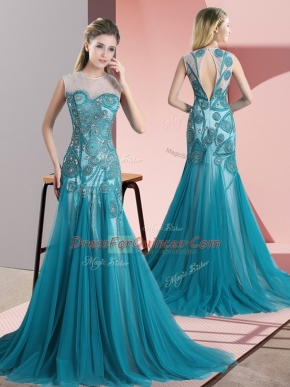 Teal Evening Dress Tulle Sweep Train Sleeveless Beading and Appliques