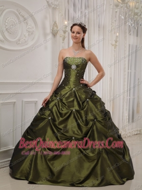 Olive Green Ball Gown Strapless Floor-length Taffeta and Satin Beading Quinceanera Dress