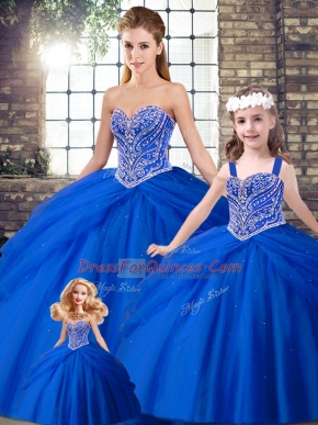 Royal Blue Tulle Lace Up Sweet 16 Dresses Sleeveless Brush Train Beading and Pick Ups