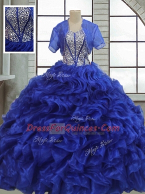 Affordable Ruffles Sweet 16 Dress Royal Blue Lace Up Short Sleeves Floor Length
