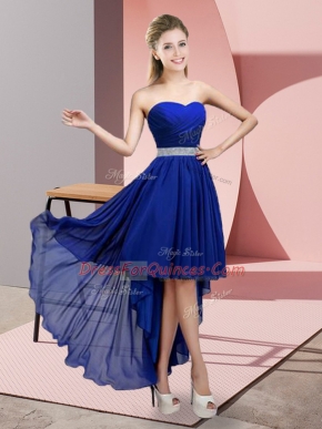 Eye-catching Royal Blue A-line Beading Dama Dress for Quinceanera Lace Up Chiffon Sleeveless High Low