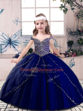 Fantastic Floor Length Blue Girls Pageant Dresses Straps Sleeveless Lace Up
