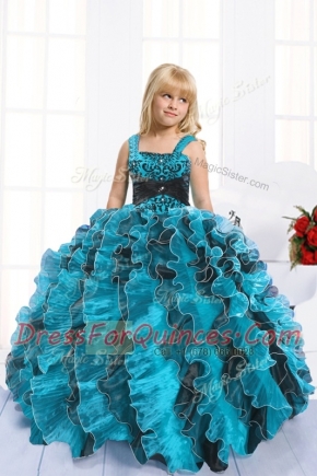 Fine Turquoise Sleeveless Floor Length Beading and Ruffles Lace Up Toddler Flower Girl Dress