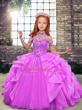 Lilac Ball Gowns Organza High-neck Sleeveless Beading Floor Length Lace Up Child Pageant Dress