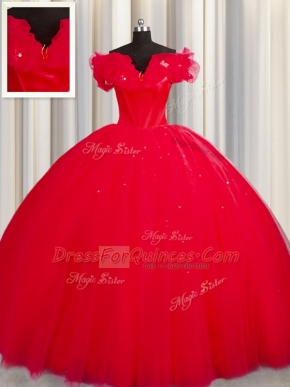Ideal Off The Shoulder Red Short Sleeves Tulle Court Train Lace Up 15 Quinceanera Dress for Military Ball and Sweet 16 and Quinceanera