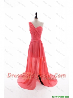 Cheap Gorgeous Column One Shoulder Watermelon Prom Dresses with Ruching