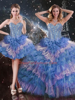 Captivating Multi-color Quinceanera Gown Military Ball and Sweet 16 and Quinceanera with Beading and Ruffled Layers and Sequins Sweetheart Sleeveless Lace Up