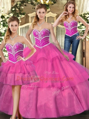 Latest Tulle Sweetheart Sleeveless Lace Up Beading and Ruffled Layers Ball Gown Prom Dress in Lilac