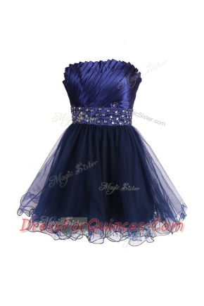 Navy Blue Sleeveless Beading and Sashes ribbons Knee Length Prom Gown