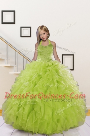 Superior Olive Green Organza Lace Up Halter Top Sleeveless Floor Length Toddler Flower Girl Dress Beading and Ruffles