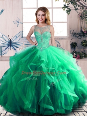 Green Sweet 16 Dress Sweet 16 and Quinceanera with Beading and Ruffles Scoop Sleeveless Lace Up