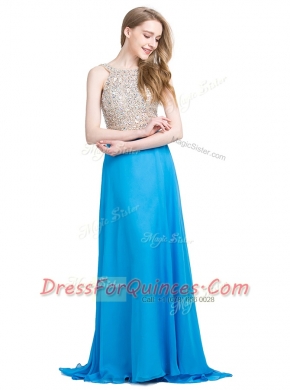 Blue Scoop Neckline Beading Prom Dresses Sleeveless Zipper