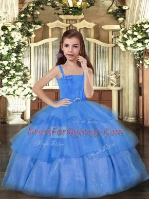 Attractive Sleeveless Floor Length Ruffled Layers Lace Up Pageant Dress Womens with Blue