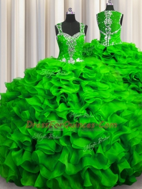 Fashion Zipple Up See Through Back Floor Length Quinceanera Gowns Organza Sleeveless Beading and Ruffles