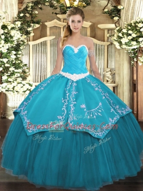Teal Ball Gowns Organza and Taffeta Sweetheart Sleeveless Appliques and Embroidery Floor Length Lace Up Sweet 16 Dress