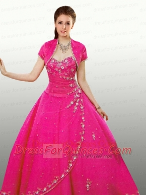 2015 Classical Sweetheart Beaded Decorate Quinceanera Gown in Hot Pink