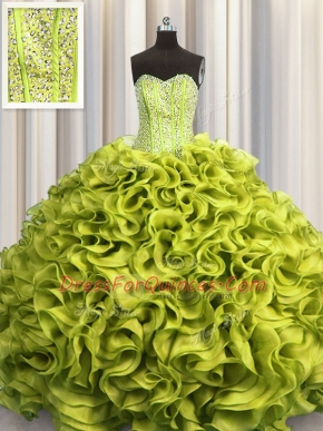 Traditional Visible Boning Sleeveless Organza Floor Length Lace Up Vestidos de Quinceanera in Olive Green with Beading and Ruffles