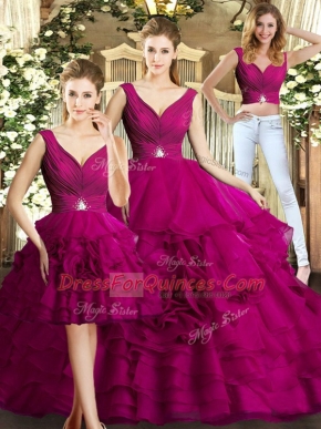 Fuchsia Three Pieces V-neck Sleeveless Organza Floor Length Backless Beading and Ruffles Quince Ball Gowns