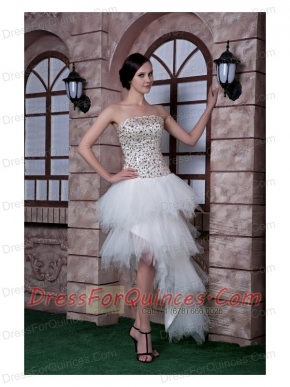 Prom Dress White Column Strapless High-low Beading Taffeta and Tulle
