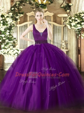 Best Selling Sleeveless Tulle Floor Length Zipper Quinceanera Dresses in Purple with Beading