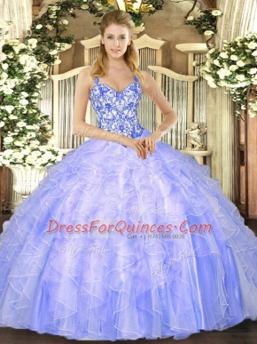 Delicate Lavender Organza Lace Up Straps Sleeveless Floor Length Sweet 16 Quinceanera Dress Beading and Ruffles