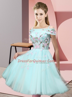 Appliques Dama Dress for Quinceanera Apple Green Lace Up Short Sleeves Knee Length