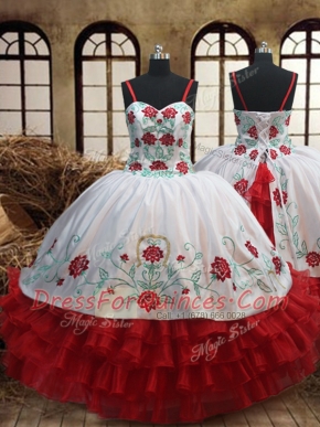 White and Red Organza Lace Up Spaghetti Straps Sleeveless Floor Length Pageant Gowns For Girls Embroidery and Ruffled Layers