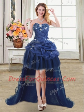 Sleeveless High Low Beading and Appliques and Pick Ups Lace Up Prom Party Dress with Navy Blue