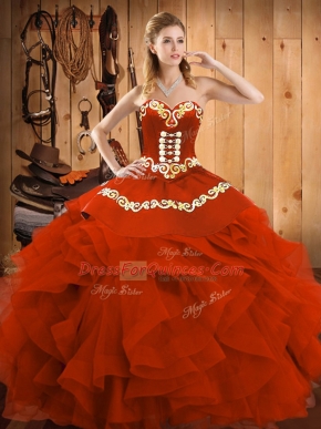 Fantastic Rust Red Satin and Organza Lace Up 15th Birthday Dress Sleeveless Floor Length Embroidery and Ruffles