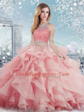 Baby Pink Ball Gowns Satin Scoop Sleeveless Beading and Ruffles Floor Length Clasp Handle Quinceanera Gown