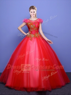 Designer Coral Red Ball Gowns Tulle Scoop Short Sleeves Appliques Floor Length Lace Up Vestidos de Quinceanera