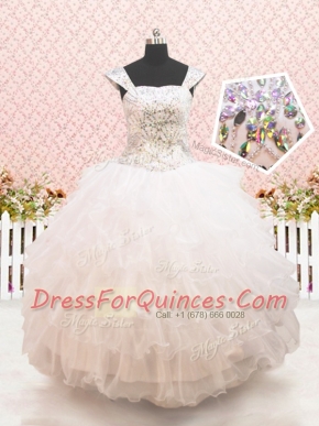Straps Cap Sleeves Floor Length Lace Up Flower Girl Dresses for Less White for Quinceanera and Wedding Party with Beading and Ruffled Layers