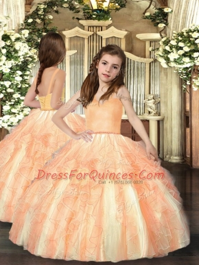 Orange Ball Gowns Ruffles Winning Pageant Gowns Lace Up Tulle Sleeveless Floor Length