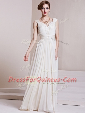 Custom Made Chiffon Cap Sleeves Floor Length Prom Dress and Beading and Ruching