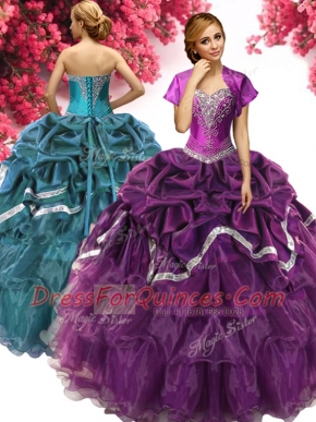 Fine Sweetheart Sleeveless Vestidos de Quinceanera Floor Length Beading and Ruffles and Pick Ups Dark Purple Organza and Taffeta