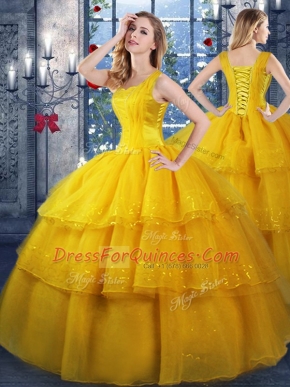 Spectacular Organza Straps Sleeveless Lace Up Ruffled Layers Quince Ball Gowns in Gold