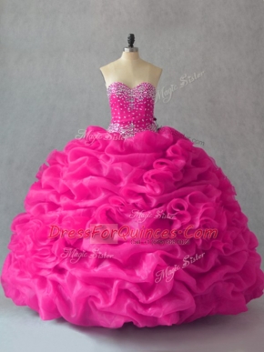 Fuchsia Sweetheart Lace Up Beading and Pick Ups and Hand Made Flower Sweet 16 Quinceanera Dress Sleeveless