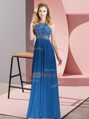 Royal Blue Empire Chiffon Scoop Sleeveless Beading Floor Length Backless Prom Dresses