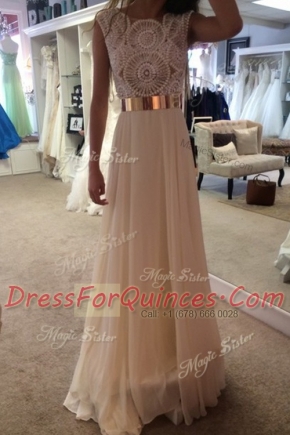 Edgy Scoop Champagne Zipper Belt Sleeveless Floor Length