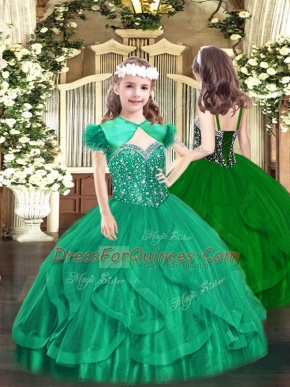 Beading and Ruffles Little Girls Pageant Dress Turquoise Lace Up Sleeveless Floor Length