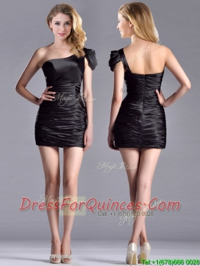 Sexy Column Ruched One Shoulder Black Prom Dress in Taffeta