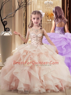 Peach Tulle Lace Up Little Girls Pageant Gowns Sleeveless Brush Train Beading and Ruffles