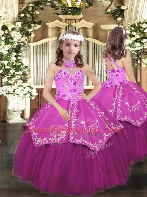 Exquisite Lilac Ball Gowns Tulle Halter Top Sleeveless Embroidery Floor Length Lace Up Kids Pageant Dress