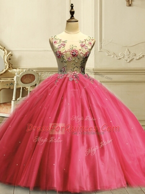 Elegant Scoop Sleeveless Lace Up Vestidos de Quinceanera Coral Red Tulle