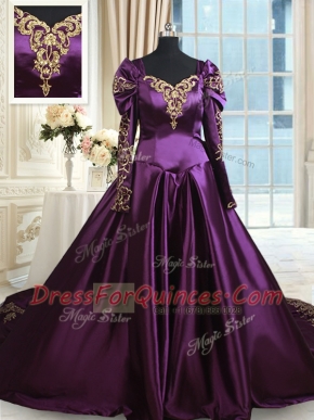 Suitable Dark Purple Off The Shoulder Neckline Beading and Embroidery Sweet 16 Quinceanera Dress Long Sleeves Zipper