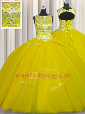 Scoop Floor Length Lace Up Sweet 16 Quinceanera Dress Gold for Military Ball and Sweet 16 and Quinceanera with Beading